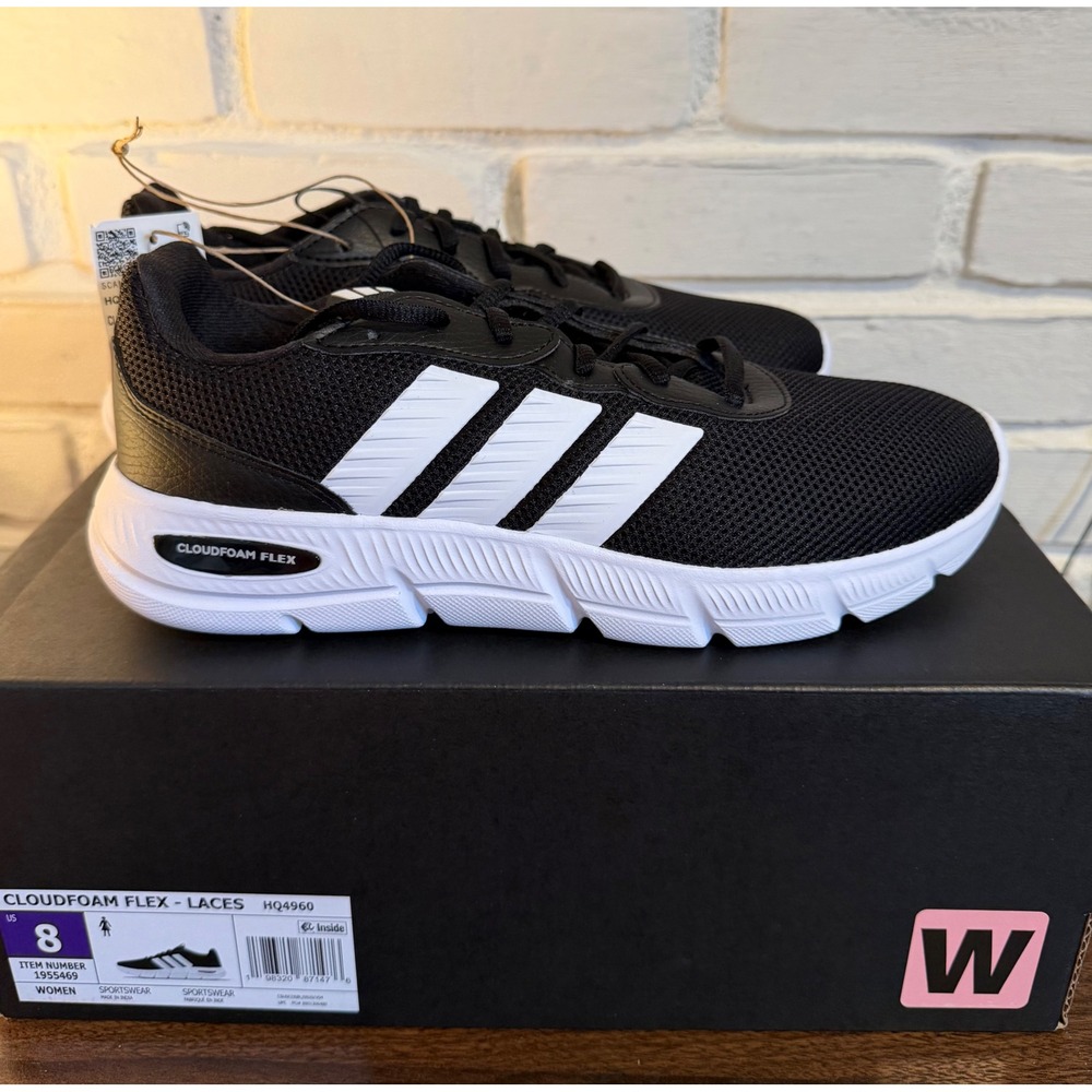 Adidas Cloudfoam Flex Laces Women •8• Black White Running Shoes Athleisure Gym